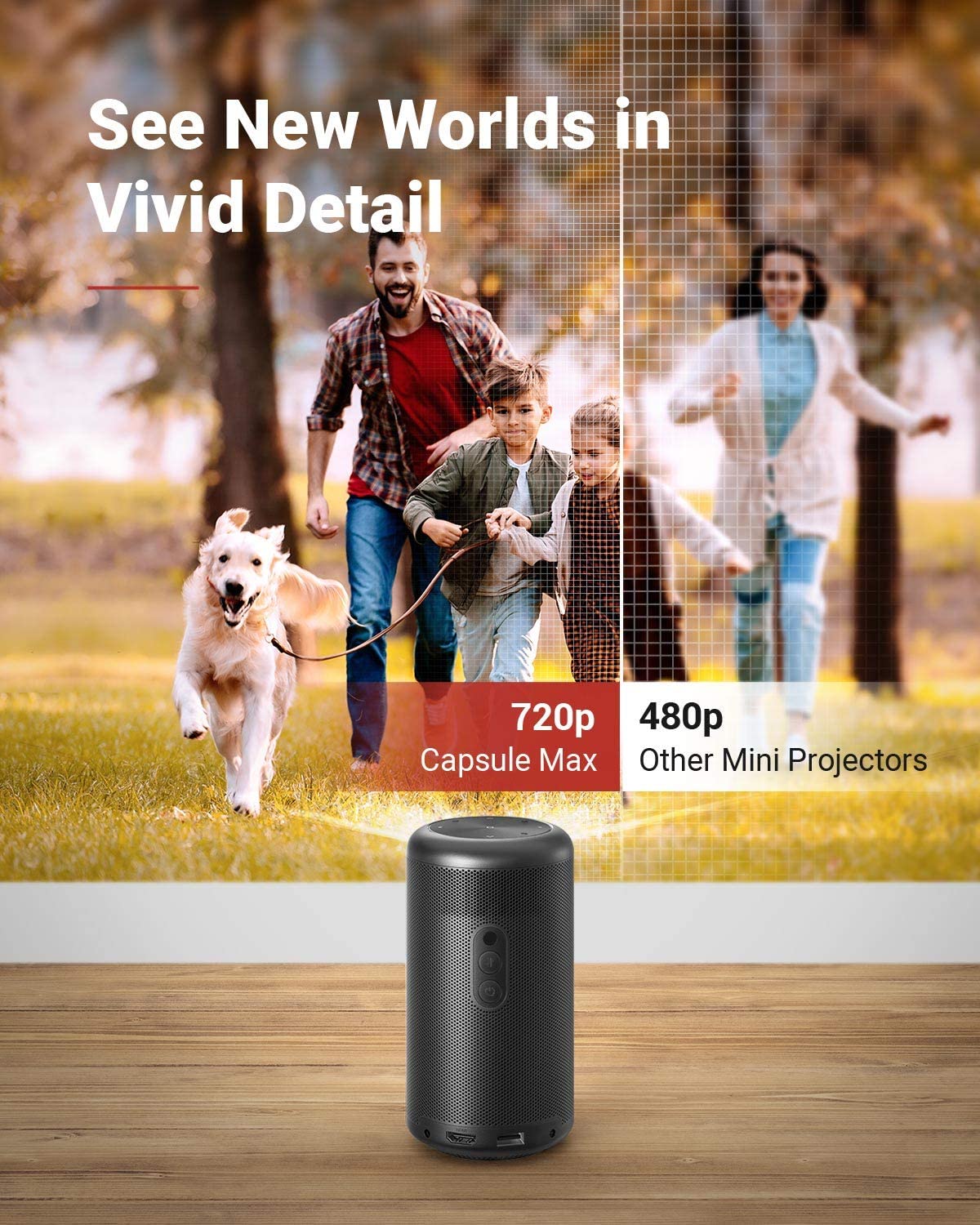 A Nebula Capsule Max portable projector sits on top of a wooden table and projects a family running with their dog outside.